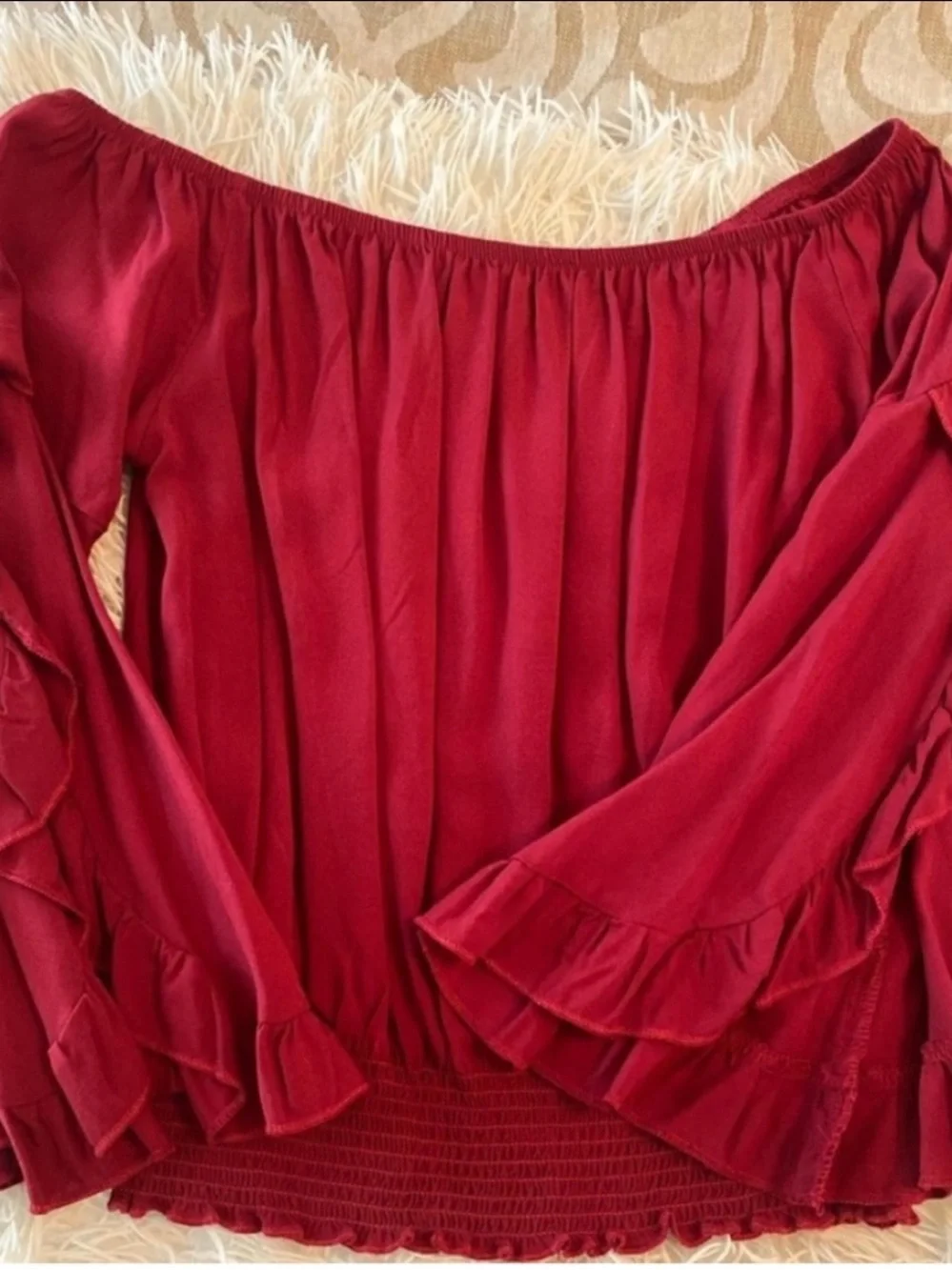 Living Doll Red Off Shoulder Boho Peasant Blouse Small